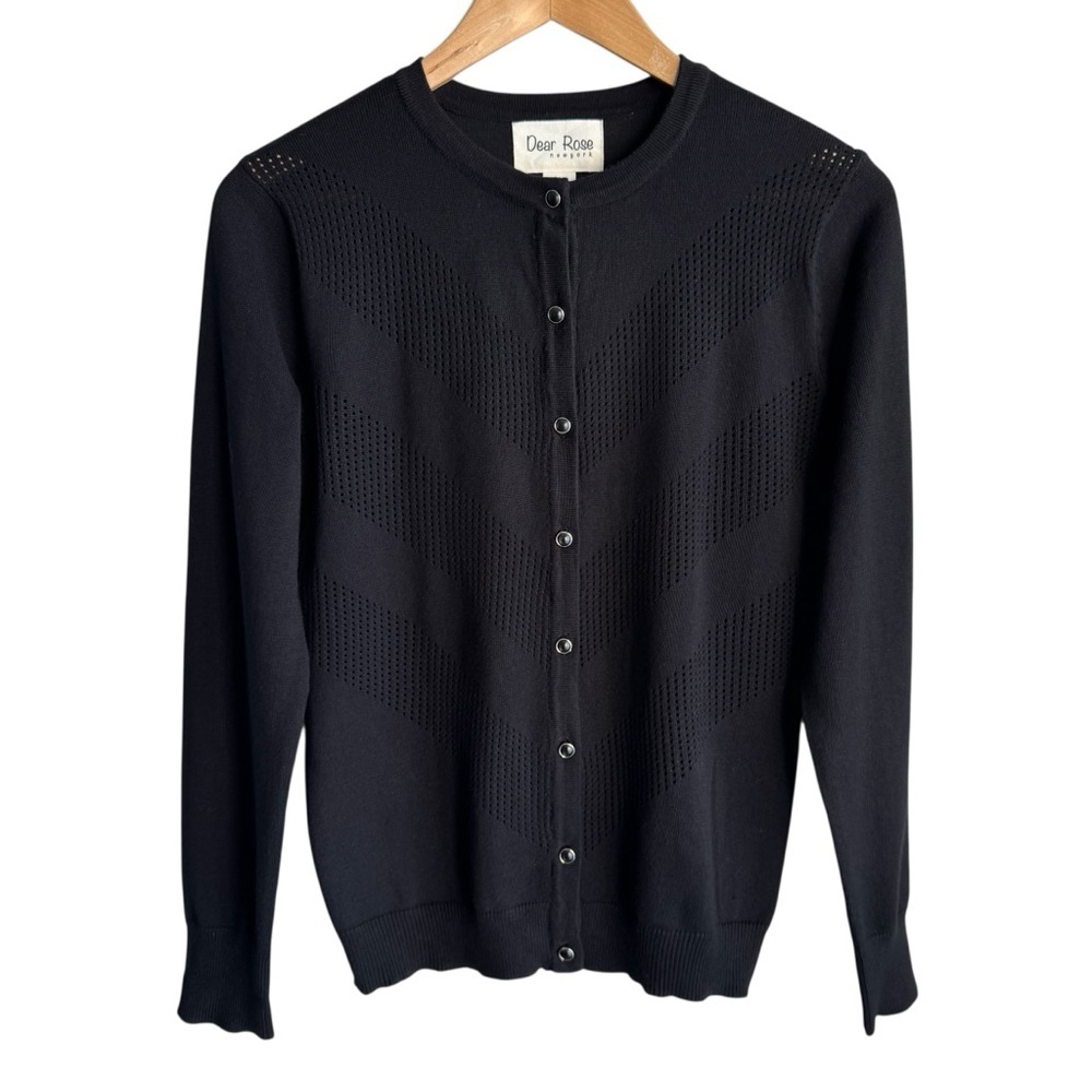 Dear Rose Perforated Button Up Cardigan Sz M Black Classy Preppy Simple Timeless